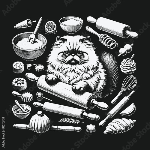 Whimsical Cat Baker Surrounded by Baking Utensils and Treats.