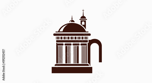 Stylized beer stein and building combined iconography on white background