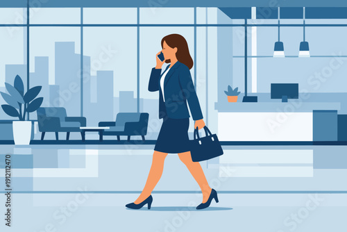 Confident Female Executive Walking in Modern Glass Office Lobby While Talking on Smartphone – Flat Vector Illustration