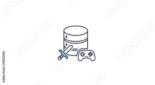 Database icon with game controller and sword representing data security and gaming