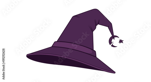 Purple witch hat vector illustration with crescent moon and star design