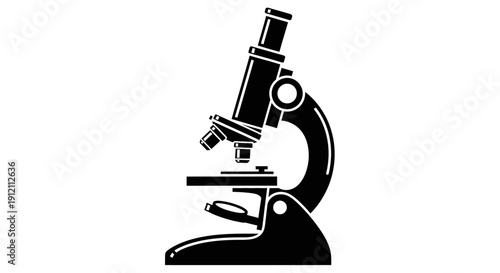 Black and white vector illustration of a microscope on a white background