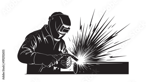 A welder in protective gear works intensely on a metal workpiece, sparks flying everywhere in a dynamic industrial setting illustration