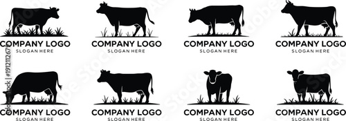 Cow, logo, silhouette, farm, cattle, dairy, animal, vector, illustration, branding, agriculture, livestock, black, outline, icon, badge, ranch, grazing, design, set