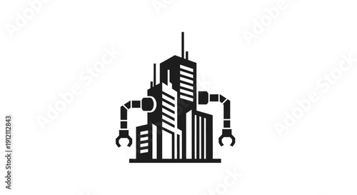 Abstract illustration of robotic cityscape with modern skyscraper design