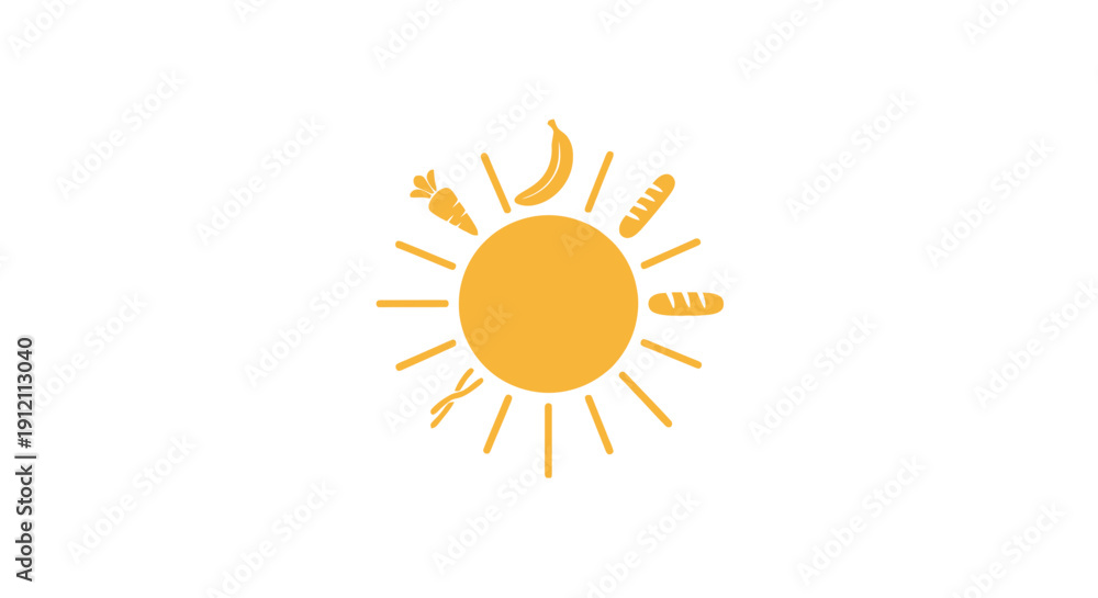 Fototapeta premium Sun illustration with food items around it against a white background