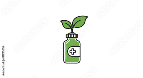 Green bottle icon with plant and plus sign for wellness and health