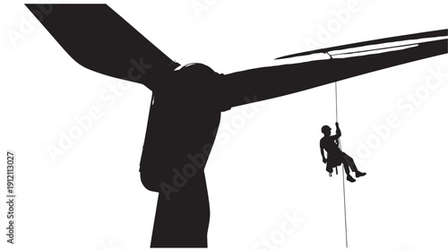 A person rappelling down a large statue's outstretched arm viewed from below, illustrating adventure and bravery in a striking illustration.