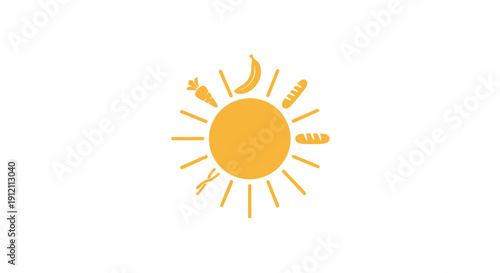 Sun illustration with food items around it against a white background