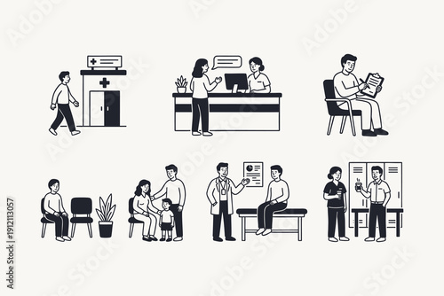 Healthcare Consultation and Patient Journey Monochromatic Illustration Set