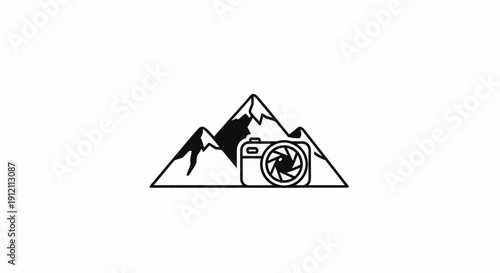 Mountain range silhouette with camera icon for photography and travel concept