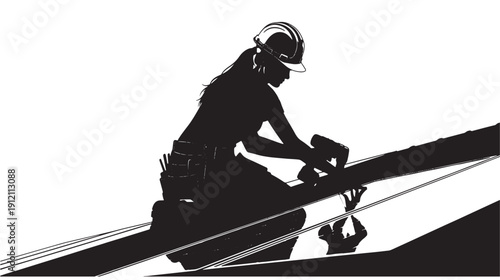 Firefighter kneeling on a slanted roof, working on equipment, depicted in a black silhouette from a side viewpoint