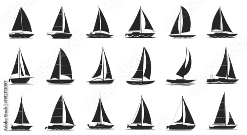 Sailing boat silhouette black icons set, transport, travelling, vacation marine ship with sail, yacht, nautical design elements for yacht club, sailing sport logo, flat style, isolated vector 