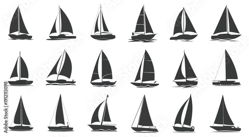 Sailing boat silhouette black icon collection, transport and marine travel with sail yacht, nautical design elements for sailing, yacht clubs, sport logos, vacation illustrations, flat vector style