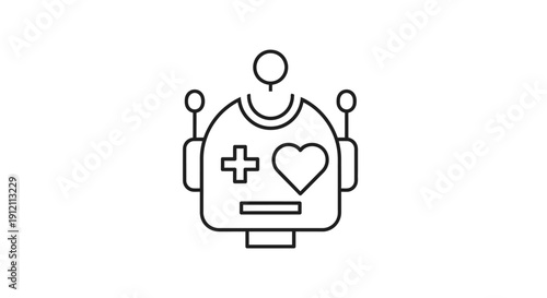Outline illustration of a robot head with cross and heart symbols