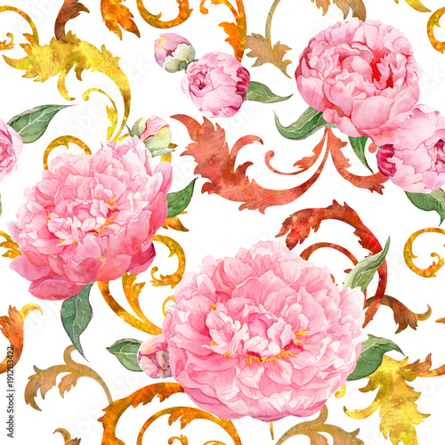 Seamless watercolor peony pattern with warm copper ornamental swirls on white background. Romantic decorative floral design for wallpaper, fabrics, gift wrap, stationery, branding and packaging. 