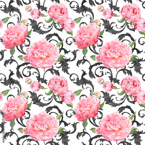 Seamless watercolor peony pattern with black baroque ornament on white background. Elegant floral wallpaper design for textiles, stationery, gift wrap, packaging and decorative surface projects