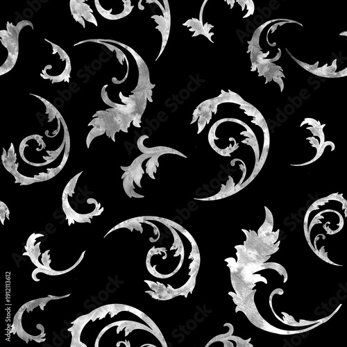 Seamless luxury ornament pattern with silver watercolor baroque scrolls on black background. Elegant decorative texture for premium packaging, fashion textiles, wallpaper, gift wrap and modern luxury 