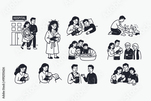 New Parents Life Stages Black and White Illustration Set