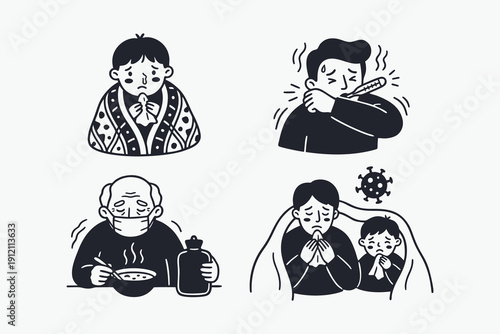 Black and White Doodle Set of People with Cold and Flu Symptoms