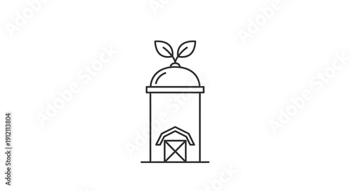 Minimalist farm silo icon with growing plant symbol on white background