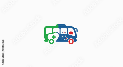 Medical service bus illustration with health symbols on white background