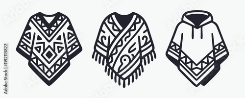 Stylized Poncho and Serape Icons Set. Traditional Tribal Patterns.