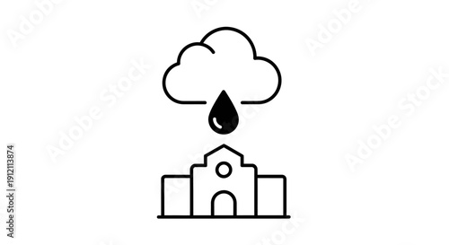 Weather icon cloud with rain droplet above building silhouette design