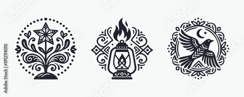 Ornate Monogram Icons: Star Plant, Kerosene Lamp, and Bird