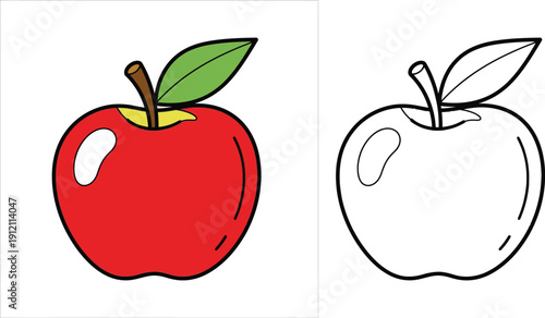 Red apple vector illustration with black and white outline for coloring book isolated on white background