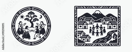 Traditional Community Icons: Folk Dance and Village Life Scene