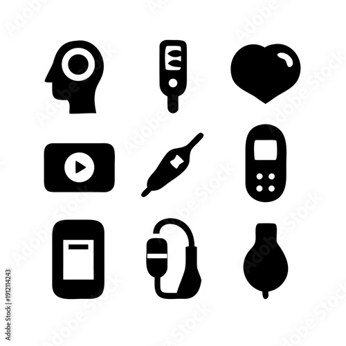 Set of black health and technology icons