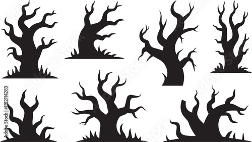 Broken tree isolated silhouettes. Black template of destroyed forest. Fallen wood. Branches and trunks after storm