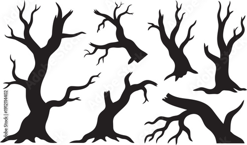 Broken tree isolated silhouettes. Black template of destroyed forest. Fallen wood. Branches and trunks after storm