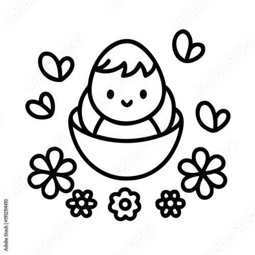 Cute baby chick hatching surrounded by hearts and flowers