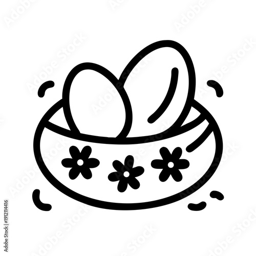 Simple line art of eggs in a decorative bowl with flowers