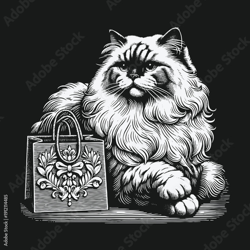 Elegant Persian Cat with Gift Bag in Detailed Engraving Style.