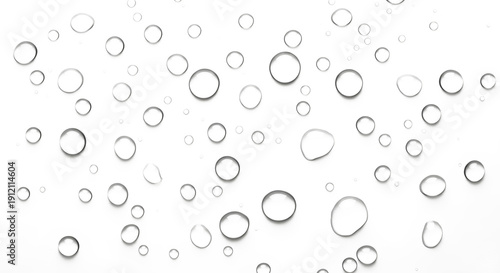 Clear water droplets scattered on surface with soft shadows - Crystal clear water element with transparent background for clean modern and minimalist design applications