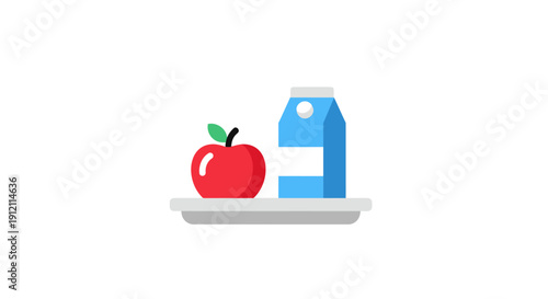 Fresh red apple and milk carton with tray on white background illustration