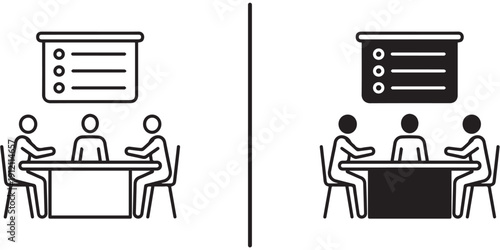 A simple line drawing of two meetings with people sitting at tables
