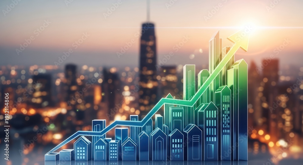 Fototapeta premium Skyscraper Cityscape with Growing Financial Graph and Upward Arrow