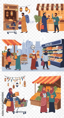 People shopping at outdoor market stalls and indoor grocery stores.