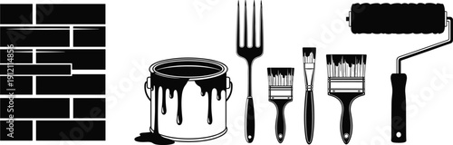 Painting tools and brick wall vector illustration, black and white design with dripping paint and creative elements
