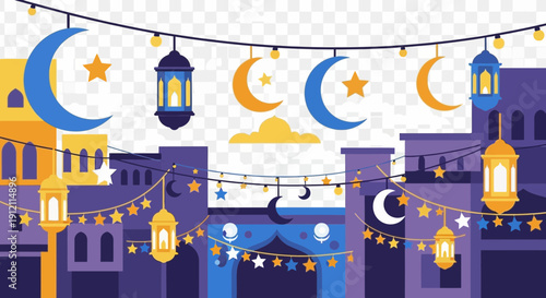Festive crescent moons and lanterns decorate a city skyline.