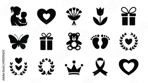 Elegant mother's day icons set with black silhouettes on white background featuring mother and child heart gift flower teddy bear butterfly and crown symbols for greeting cards