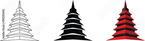 Collection of pagoda icons in outline black and red vector styles representing Asian architecture and travel for design