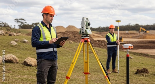 Surveyors with surveying equipment at construction site