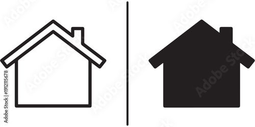 A simple black and white illustration of two house icons side by side