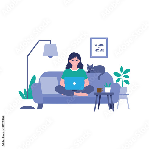 Young Woman Working from Home on Laptop in Modern Living Room – Remote Work Concept Illustration