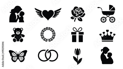 Black silhouettes of love baby and wedding icons on white background including heart rose gift crown and family symbols